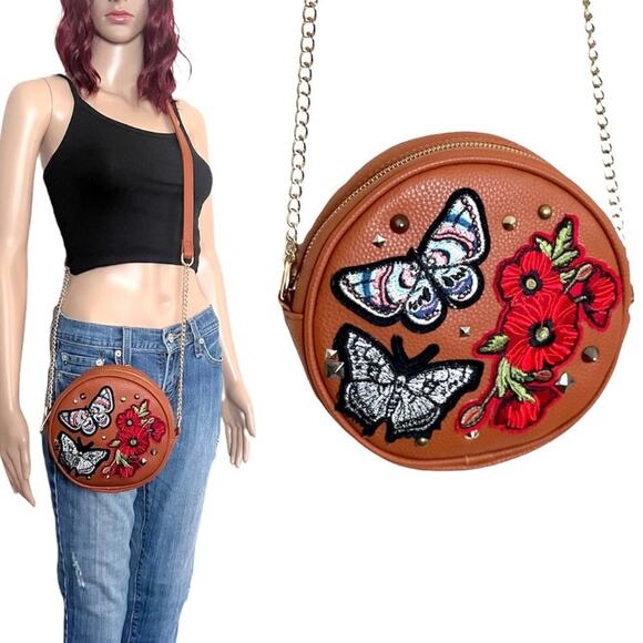 Olivia Miller Embroidered Patches Crossbody Bag Round Brown Floral Butterfly - Picture 2 of 12